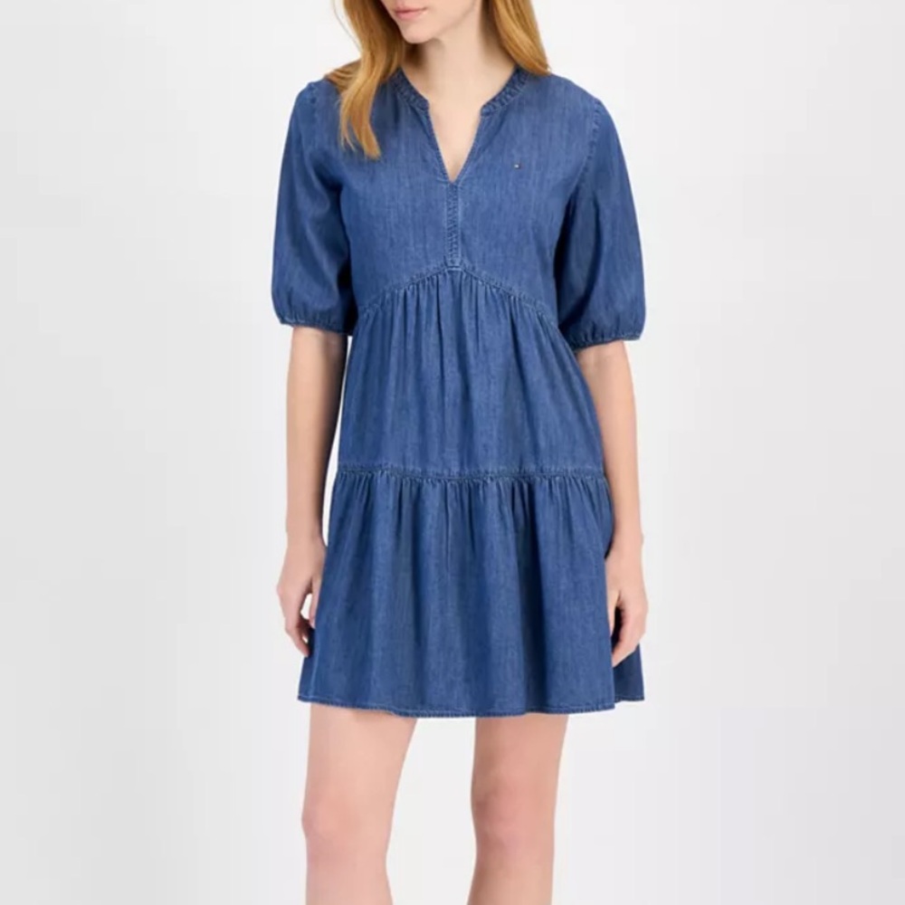 Tommy Hilfiger Women's Chambray Tiered Mini Dress Small Western Boho Preppy